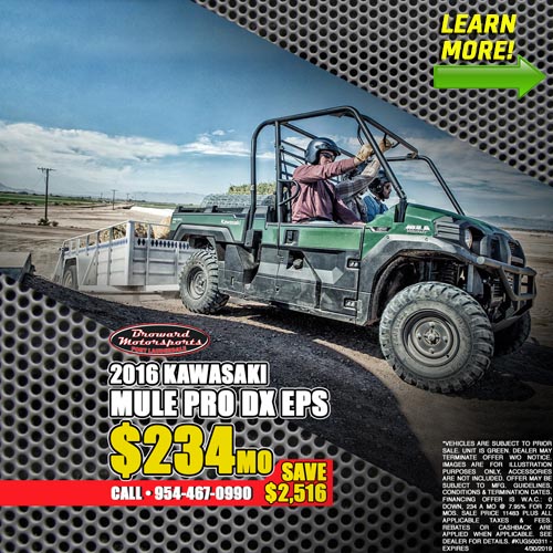 Three people riding in a 2016 Kawasaki Mule Pro DX EPS 